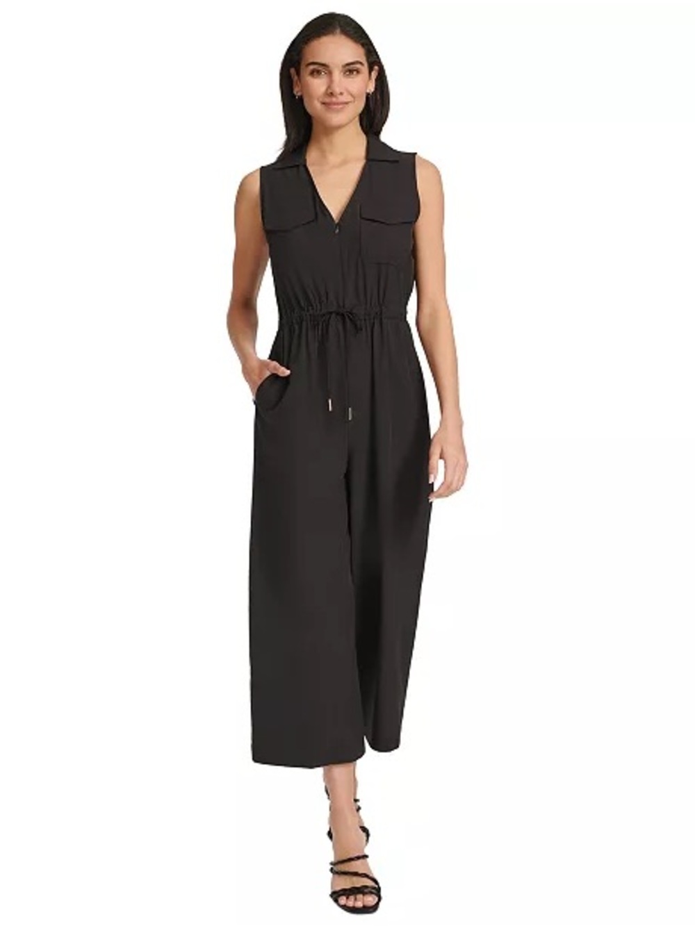 Calvin Klein Black Sleeveless Collared Wide-Leg Jumpsuit